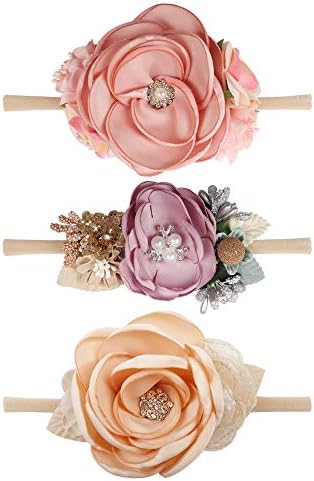 Baby Girl Floral Nylon Headband Elastic Hair Band Bows Flower Wraps For Newborn Infant Toddler Pack of 3