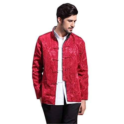 Mens Chinese Kung Fu Long Sleeve Silk Tang Jacket Double Sided Red Black
