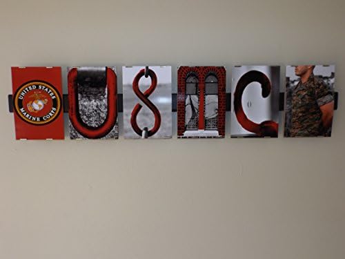 USMC United States Marine Corps Photograph Letter Art Alphabet Creative Home Decor Office Gift Present 4 X 6 Professional Pictures on 27.5inch Hanging Glass Wooden Frame Real Objects as Words Display