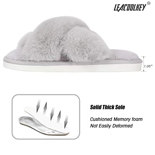LEACOOLKEY Women Cross Band Slippers, Soft Plush Fleece Slippers,Cushioned Memory Foam Furry Cozy Open Toe House Shoes, Indoor Outdoor Faux Rabbit Fur Comfy Slippers