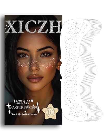 XICZH Face Glitter, Body and Face Glitter Makeup Patches for Women Girls, Waterproof Festival Rave Accessories fit Country Concert Outfits (Silver - 10 pcs)