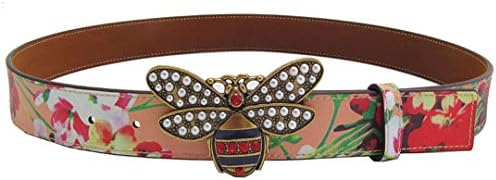 Fashion Women Leather Flower Print Belt Pearl Rhinestone Bee Buckle Lady Belt Gift