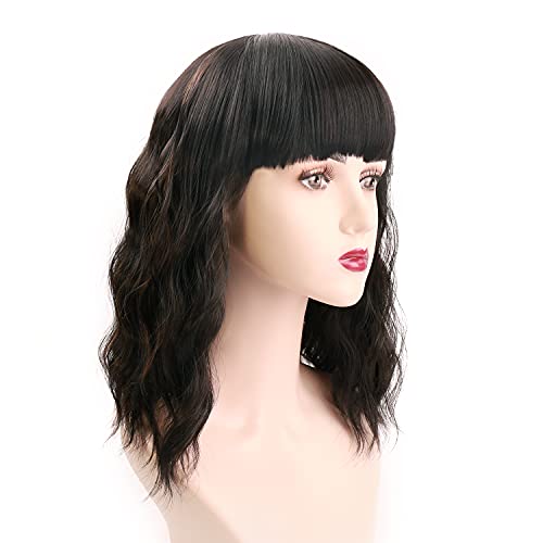 UHIBROS Short Wavy Wigs Black Highlight With Natural Bangs Shoulder Length Wig For Women Ladies Synthetic Heat-Resistant For Party Daily (Black Mixed Brown )