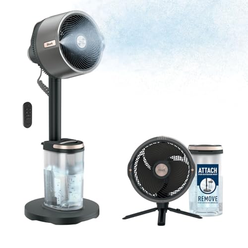 Shark FlexBreeze Pro Mist Akku-Ventilator für innen und außen mit Sprühsystem, tragbarer Sprühtank, 20 m, Stand- & Tischventilator, 5 Geschwindigkeitsstufen, leise, Fernbedienung, Anthrazit FA300EU