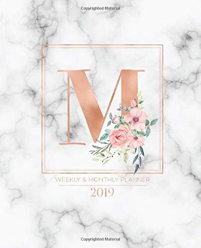 Weekly & Monthly Planner 2019: Rose Gold Monogram Letter M Marble with Pink Flowers (7.5 x 9.25”) Vertical at a glance Personalized Planner for Women Moms Girls and School
