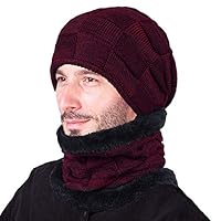 KaixinRoom Unisex Adults Soft Stretch Cap Winter Knitted Beanie Hat Scarf with Warm Thick Fleece Lining (Wine Red)