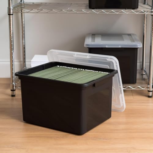 IRIS USA Caja de Transporte de Archivos Tamaño Carta/Legal, Paquete de 4, Caja de Almacenamiento Libre de BPA con Tapa de Seguridad y Cierre Duradero, Archivero Apilable Encajable, Negro/Transparente