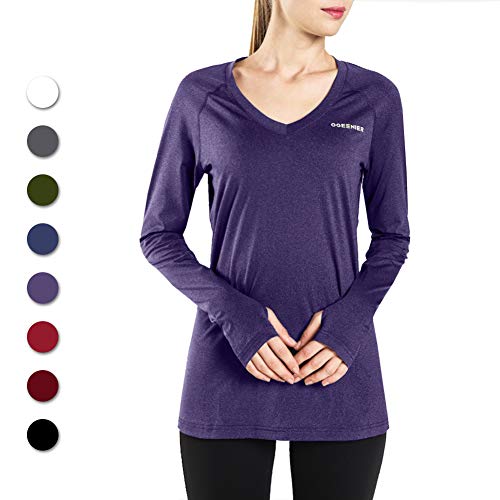 Ogeenier Women's Dry Fit Long Sleeve Athletic Workout Yoga Shirts Running Gym Tops with Thumbholes V Neck