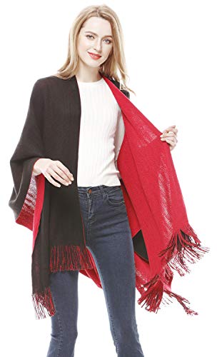 Lovful Women Winter Warm Faux Cashmere Poncho Capes Scarf Shawl Cardigans Sweater Coat,BlackRed - Thumbnail 4