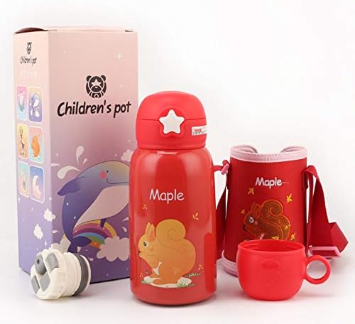 Rabbfay Kids Water Bottle Insulated Leakproof with Straw, Cute Toddler Stainless Steel Thermos Cup with Carrier Holder Shoulder Strap And Spare Cover Lid
