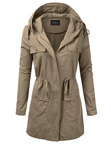 DRESSIS Women's Woven Hooded Cotton Utility Jacket With Drawstring Waist Khaki 2XL