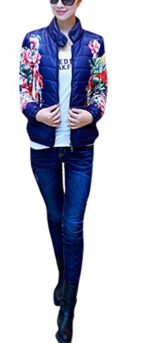 Enlishop Womens Winter Light Flower Print Short Bomber Down Coat Jacket Blue