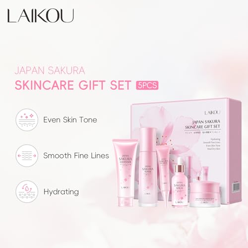 LAIKOU Sakura Skincare Set - 5-Piece Set with Cleanser, Toner, Serum, Eye Cream, and Essence Cream for Hydrating, Smoothing & Even Skin Tone for All Skin Types