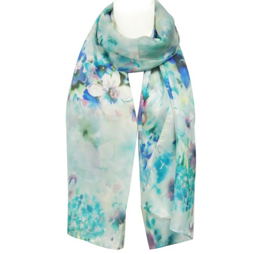 Wrapables Luxurious 100% Charmeuse Silk Long Scarf, Dreamy Blue Flora
