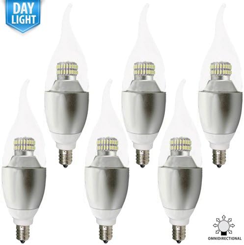 [6-Pack] PacLights LED Candelabra Light Bulb, 6-Watt, Cool White, Omni-directional, 570 lumens, E12 Candle Base, UL Listed