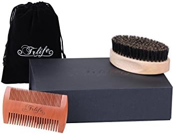 TRLIFE Beard Brush and Comb Set Kit for Men Boar Bristles Beard with Thick & Thin Teeth Grooming Handmade Peach Wood Pocket Beard Brush and Mustache for Shaving Styling With Gift Box and Carrying Bag