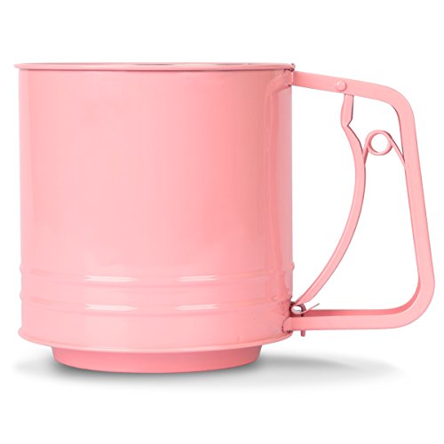 Flour Sifter, MCIRCO Sifter for Baking Baking Supplies One-handed Small Kitchen Sifter Stainless Steel Flour Sieve Icing Sugar Sifter with Super Cute Pink Coating(Pink Large)
