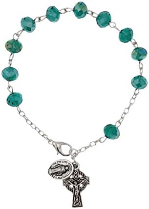 Celtic Irish Green Crystal Bead Rosary Bracelet With Celtic Crucifix and Miraculous Medal