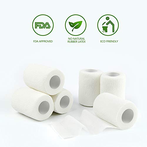 MUEUSS Self-Adhesive Bandage Wrap Tape Waterproof Breathable Elastic Cohesive Non-Woven FDA Approved 3 Inches x 5 Yards (White, 6 roll)