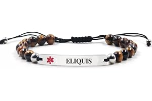 RENYILIN Medical Alert ID Bracelet, Natural Tiger's Eye Beads, Curved Design, Adjustable