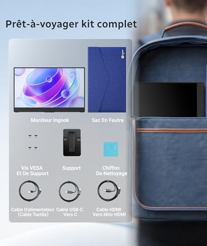 Ingnok Écran Tactile Portable 15,6 Pouces Brillant FHD IPS Moniteur Portable avec Béquille/VESA, Ultra-Leger Ecran Portatif pour Ordinateur Portable/PC/Mac/PS3/4/5/X-box - Connectivité USB C et HDMI