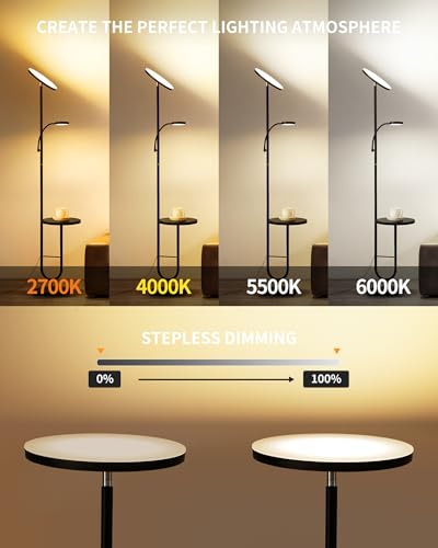 Stehlampe mit Tisch, 36W+7W LED Stehlampe dimmbar 3200LM+600LM Moderne Stehleuchte Wohnzimmer & Deckenfluter mit Fernbedienung, 2700K-6500K Schwarz