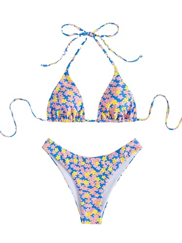 SOLY HUX Women's Floral Print Halter Triangle Tie