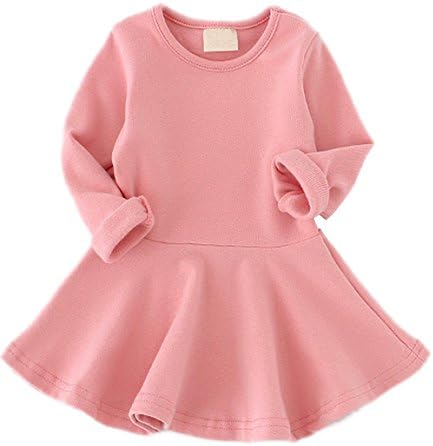 GSVIBKBaby Girls Cotton Dress Long Sleeve Toddler Girl Ruffle Dress Baby Solid Dresses Double Ruffle Sleeve Tie Back Dress