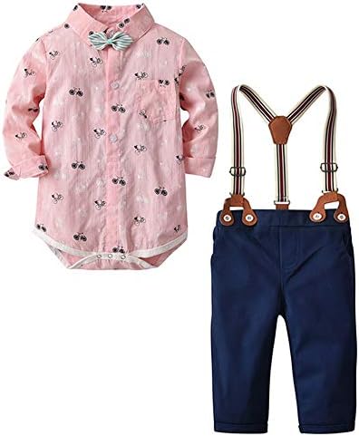 NUWFOR Toddler Baby Boy Bow tie Gentleman Bicycle Top T-Shirt Romper Trousers Pants Set（Navy,18-24 Months