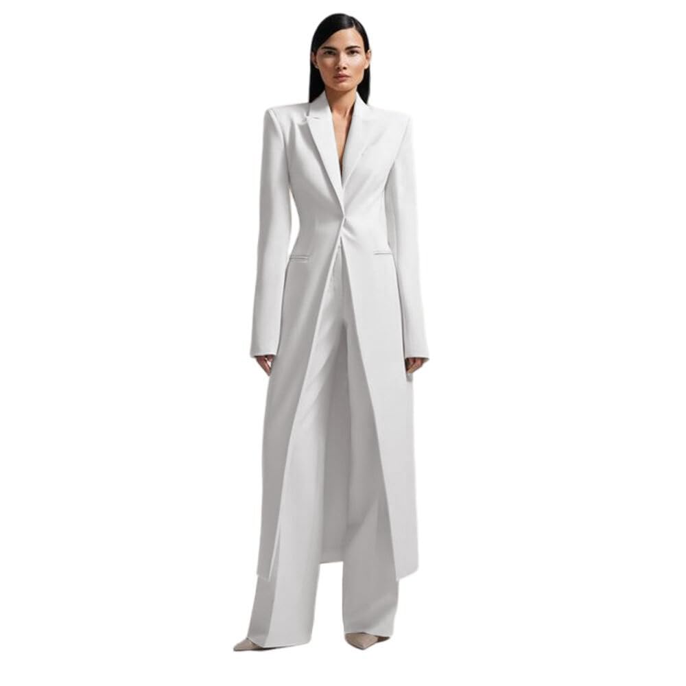 Photo 1 of HZUOU White Peak Lapel Women Suits for Wedding Buiness 2 Pieces Formal Tuxedos with Long Jackets Party Groom Suits Size L