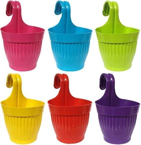 TRUPHE Polypropylene Plastic Hanging Hook Flower Pot, Multicolour, Pot Diameter-5.25 Inch, Pot Total Height-10.5 Inch approx., Pot Thickness-3 mm, 6 Pieces