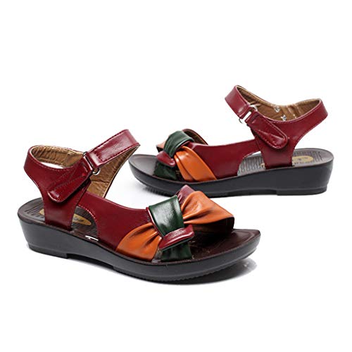 Dressin Women Leather Sandals Womens Fashion Bow Summer Shoes Low Wedges Heel Shoes Ultra Comfy Flats Sandal