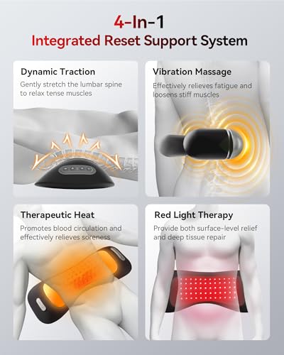 FliKEZE 4-in-1 Lumbar Support Pillow with Red Light Therapy, Lumbar Massager Cordless Rechargeable 5000mAh, Lower Back Massager w/Vibration, Traction & Heating for Pain Relief Deep Tissue, Black