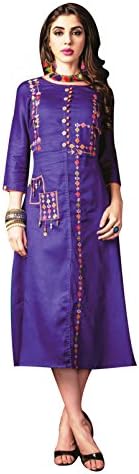 Urban India Women's Cotton Satin Straight Embroidery Kurti - Medium - Blue