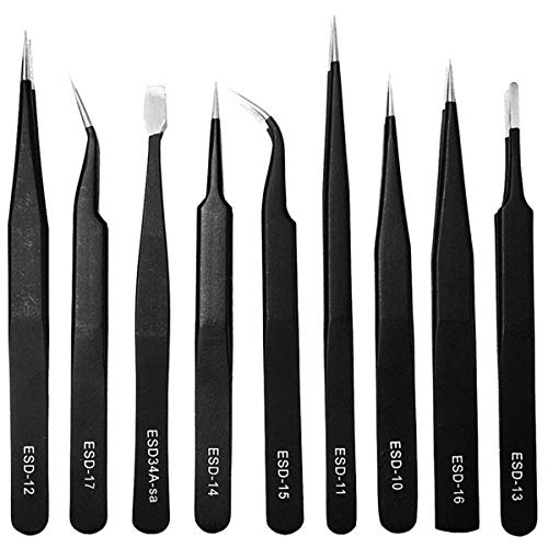 Tweezers Tools Kit, INSMA 9 PCS ESD Tweezer Set with Storage Bag, Precision Anti-static Tweezers Set for for Electronics, Jewelry-Making, Laboratory Work, Hobbies