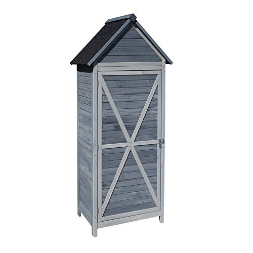 Wiltec Gartenschrank aus Holz grau 77x53x179cm mit Tür, Satteldach und Bitumenisolierung Gerätehaus Werkzeughaus Geräteschrank Werkzeugschrank Geräteschuppen – Bild 3