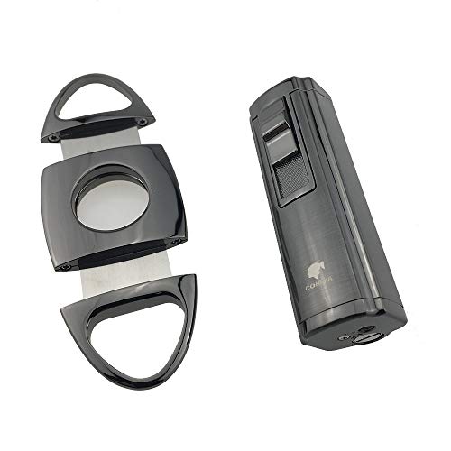 Cohiba Cigar Cutter and Lighter Set 3 Torch Jet Flame with Punch Lighters Windproof Butane Refillable Inflatable Guillotine Stainless Steel Double Blade