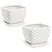 MyGift White Wavy Coil Design Ceramic 4-Inch Decorative Flower Planter Pots with Attached Saucer, Set of 2