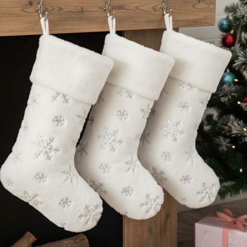 AOGU 3 Pack 22 Inch Faux Fur Sequin Snowflake Christmas Stockings Snowy White Christmas Stockings Hanging Ornaments Candy Gift Bags for Christmas Decorations
