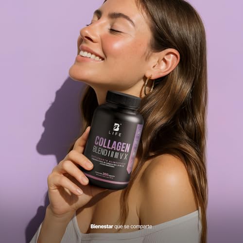 Colágeno Hidrolizado Tipo I, II, III, V y X | 200 Cápsulas 1000 mg por porción | Adicionado con Vitamina C y Ácido Hialurónico. Collagen Blend I, II, III, V X. B Life