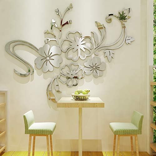 Warmcasa 3D Mirror Flower Wall Sticker Art Removable Acrylic Mural Decal Wall Sofa Home Room Decor (M, Silver)
