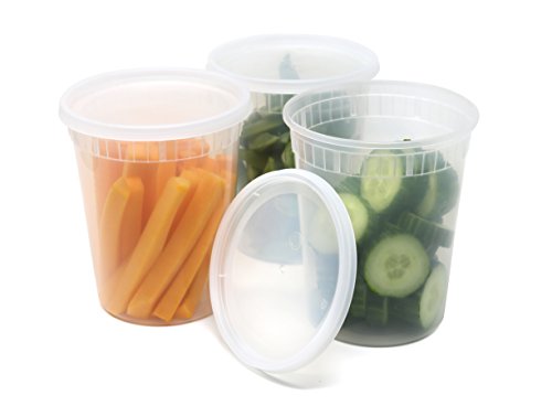 Plastic Food Storage Containers with Airtight Lids 32 oz. - PP FoodSafe Plastic, BPA Free, Restaurant Deli Cups, Foodsavers, Baby Lunch Container, Portion Control, and Meal Prep Containers, 24 Pack