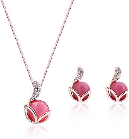 KAVANI Pink Opal Cat's Eye Jewelry Set Rose Gold Plated Zircon Rhinestone Necklace and Earrings Set for Women
