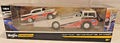 Design MAISTO 1:64 Scale Gray RED RAMP Truck with 1957 Chevy BEL AIR Gasser DIE-CAST