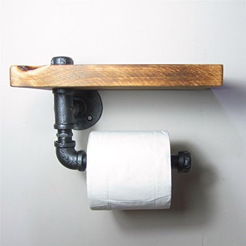 CHANNELMAYUrban Industrial Wall Mount Wood Storage Shelf Iron Pipe Toilet Paper Holder Roller Restaurant Restroom Bathroom Decoration