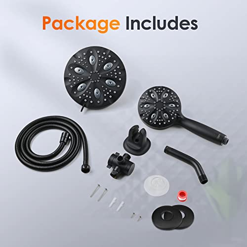 Shower Head Combo-WaterSong 14 settings 7'' Rain Showerhead+5'' Handheld Shower Spray with Build in Power Wash, 6.5ft Hose/Adjustable Mount for Bath Massage Spa, 3-Way Diverter, Matte Black