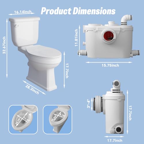 HOCANFLO Macerating Toilet System, 17.7inch Extra Tall Toilet with Macerator Pump for Basement Upflush, Sewage Grinder Pump, Quiet Copper Motor, 4 Inlets for Sink/Shower/Laundry/Washer
