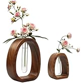 Solid Wood Frame Glass Test Tube Vase - Walnut Desk Hydroponic Plant Decoration Suitable for Improving Home and Office Environment (2 Pcs)