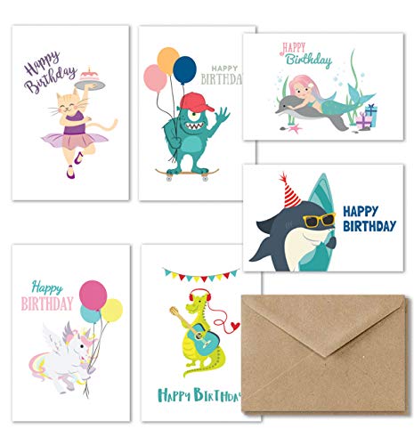 Kids Happy Birthday Cards Assortment, 36 Fun Birthday Cards for Kids, Girl Unicorn Birthday Card, Boys Birthday Card Variety Pack, Greeting Cards Assortment for Kids, Envelopes Included - 4x6 Inches