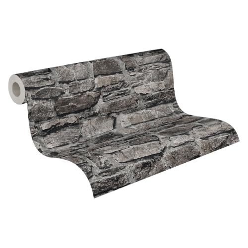 A.S. Creation Non-Woven Wallpaper with Stone Motif in Black, Grey – Industrial Style Wallpaper 10,05 m x 0,53 m – 363704